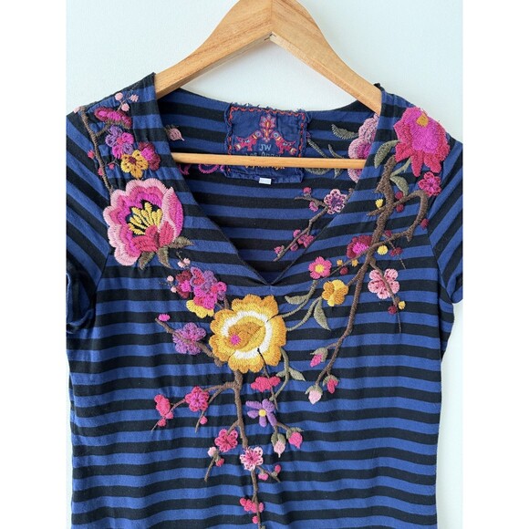 Johnny Was T-Shirt Womens Large Short Sleeve Striped Embroidered Tee Top - Picture 4 of 9